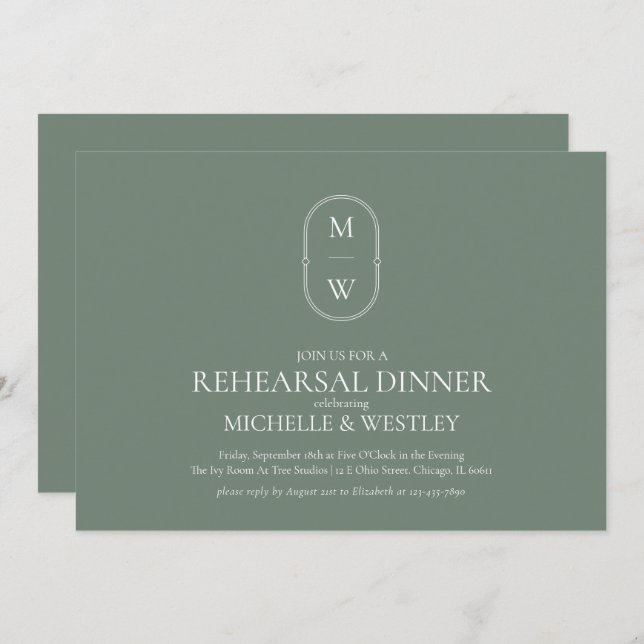 Monogram Sage Green Wedding Probe Dinner Einladung (Vorne/Hinten)