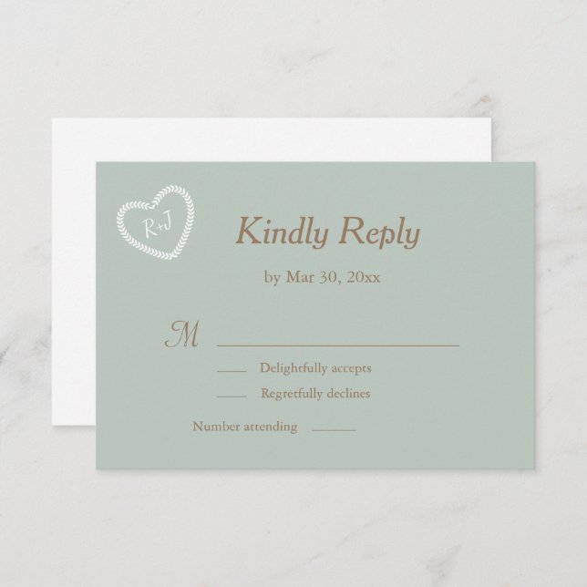 Monogram Sage White Gold Heart Shaping Wedding RSV Einladung (Vorne/Hinten)