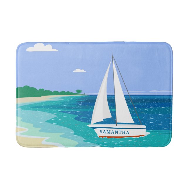 Monogram Sailboat Coastal Tropical Beach Bath Mat Badematte (Vorderseite)