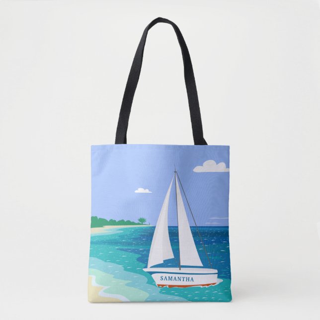 Monogram Sailboat Coastal Tropical Beach Tote Bag (Vorderseite)