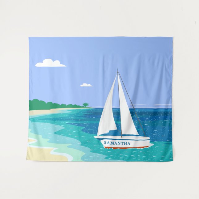 Monogram Sailboat Coastal Tropical Beach Wandteppich (Vorderseite (Horizontal))