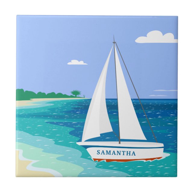 Monogram Sailboat Coastal Tropical Keramik Tile Fliese (Vorderseite)