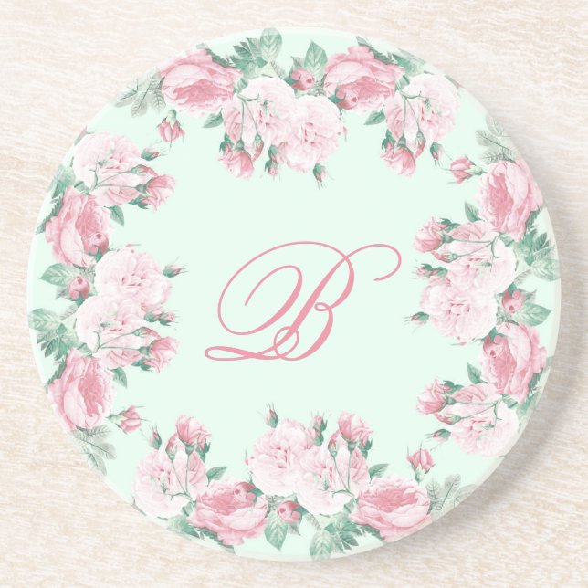 Monogram Sandstone Untersetzer Floral Rose Custom (Vorne)