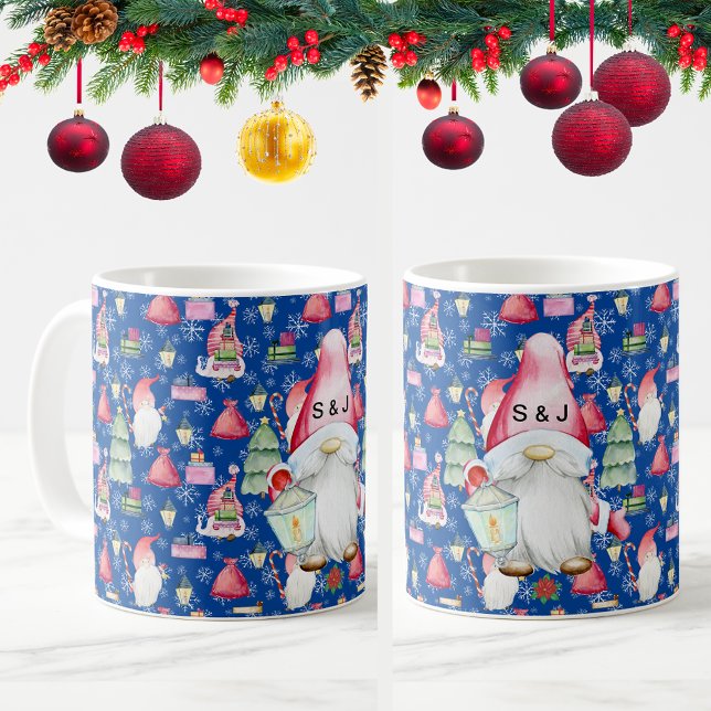 Monogram Santa Gnome for Christmas Pattern Blue Kaffeetasse (Monogram Santa Gnome for Christmas Pattern Blue Coffee Mug 2 sides)