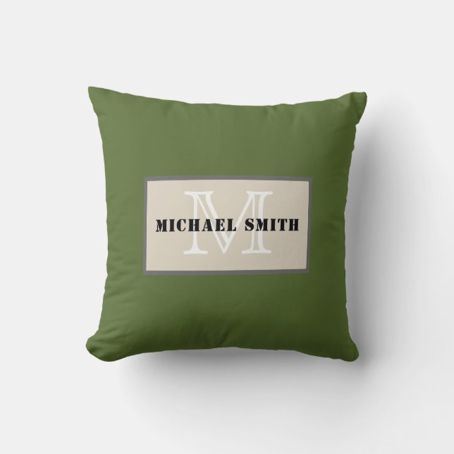 Monogram Schlicht Dark Olive Green Hintergrund Kissen (Vorderseite)
