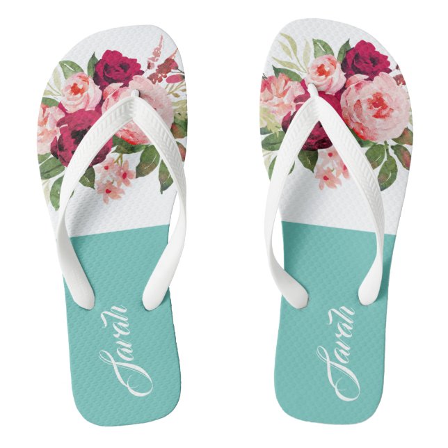 Monogram schöne Aquarellblume Blue Burgundy Flip Flops (Fußbett)