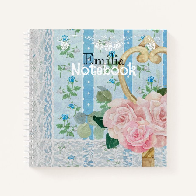 Monogram Schöne vintage Blumen Hintergrund Blau Notizbuch (Vorderseite)