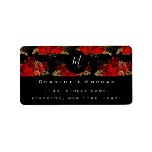 Monogram Schwarz-weiß Floral Gold Rose Leaf UAWG Adressaufkleber