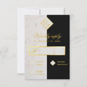 Monogram Schwarz-weiß Marble Gold Elegante Hochzei RSVP Karte