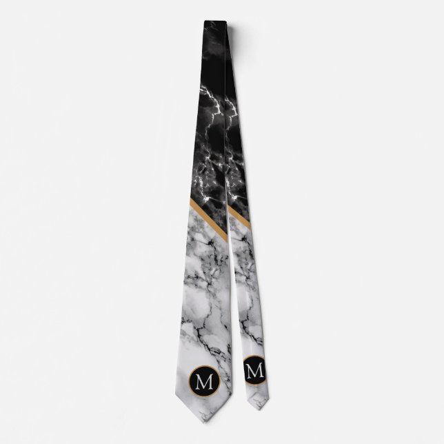 Monogram Schwarz-weiß Marble Modern Neck Tie Krawatte (Vorderseite)