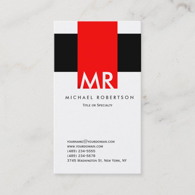Monogram Schwarz-weiß Red Clean Business Card Visitenkarte (Vorderseite)