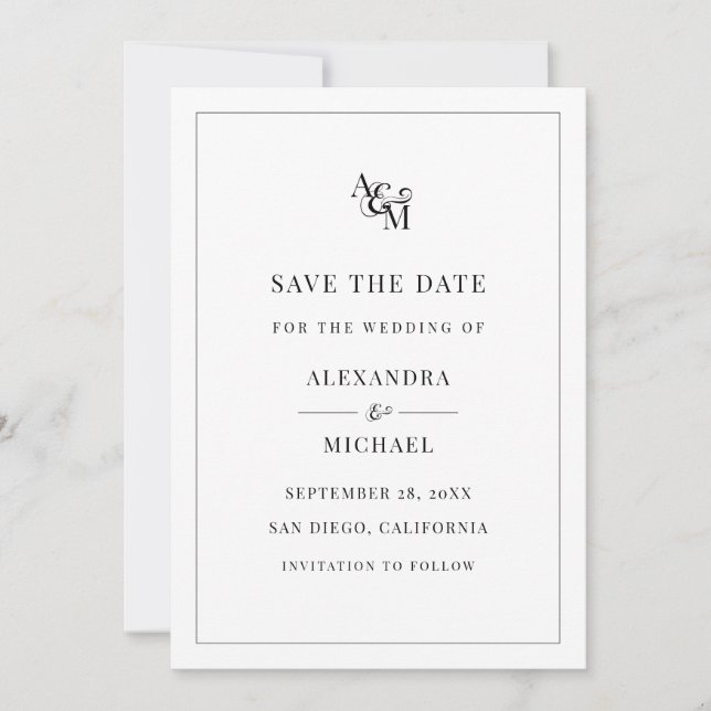 Monogram Schwarz-weiß Simple Elegante Moderne Hoch Save The Date (Vorderseite)