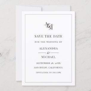 Monogram Schwarz-weiß Simple Elegante Moderne Hoch Save The Date