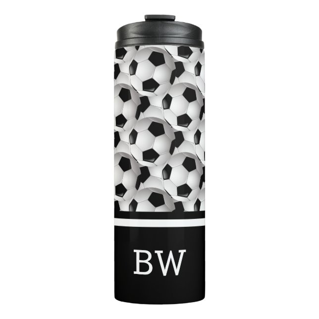 Monogram Schwarz-weiß Soccer Ball Muster Thermosbecher (Vorderseite)