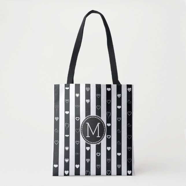 Monogram Schwarz-weiß Stripes Modernes Herzmuster (Vorderseite)