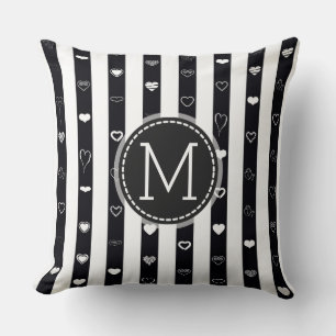 Monogram Schwarz-weiß Stripes Modernes Herzmuster Kissen