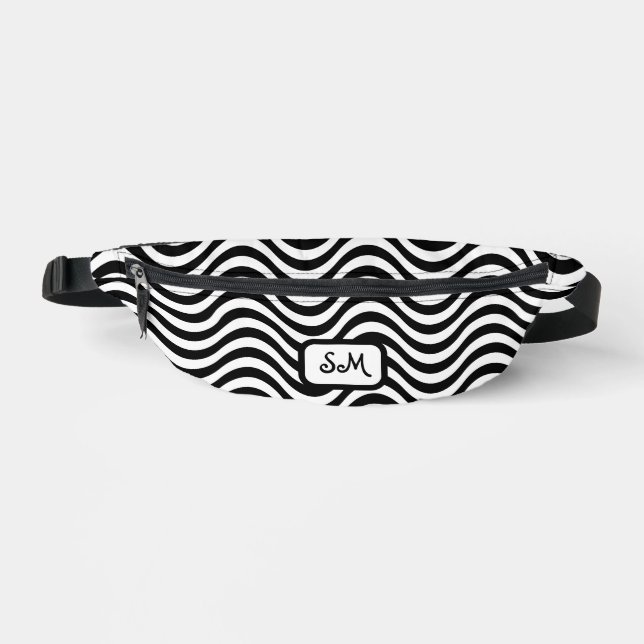 Monogram Schwarz-weiß Wavy Stripes Psychedelic Bauchtasche (Vorderseite)