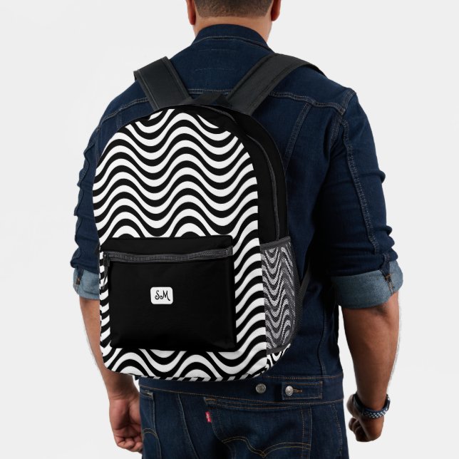 Monogram Schwarz-weiß Wavy Stripes Psychedelic Bedruckter Rucksack (Insitu (Modell))
