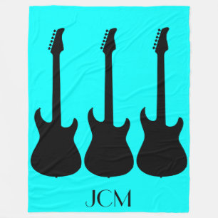 Monogram Schwarze E-Gitarren auf Aqua Blau Fleecedecke