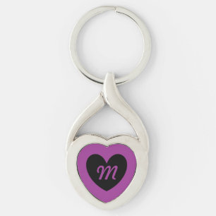 Monogram Schwarzes Herz auf Lila Schlüsselanhänger
