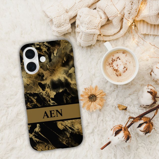 Monogram Schwarzwasserfarbe-Waschmarmor Case-Mate iPhone Hülle (Monogrammed Black Gold Marble watercolor wash alcohol ink iPhone case)