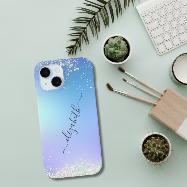 Monogram Script Blue Lila Glitzer Trendy Case-Mate iPhone Hülle (Blue Purple White Glitter Monogrammed Name Script iPhone Case)