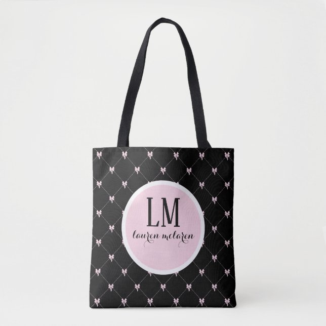 Monogram Script Bow Tote Bag – Black & Pink (Vorderseite)