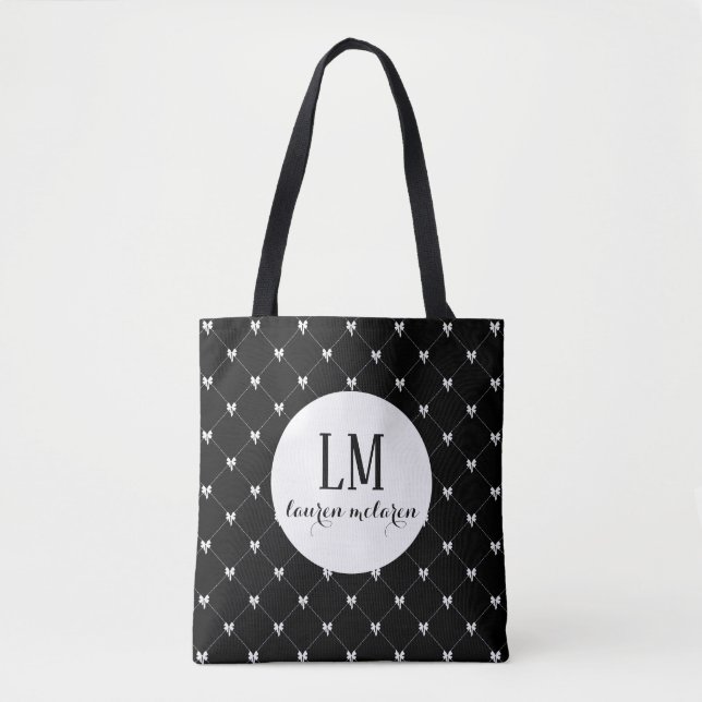 Monogram Script Bow Tote Bag – Black & White (Vorderseite)