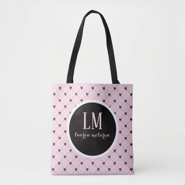 Monogram Script Bow Tote Bag – Pink & Black (Vorderseite)