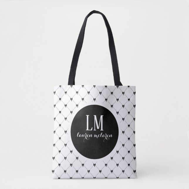 Monogram Script Bow Tote Bag – White & Black (Vorderseite)