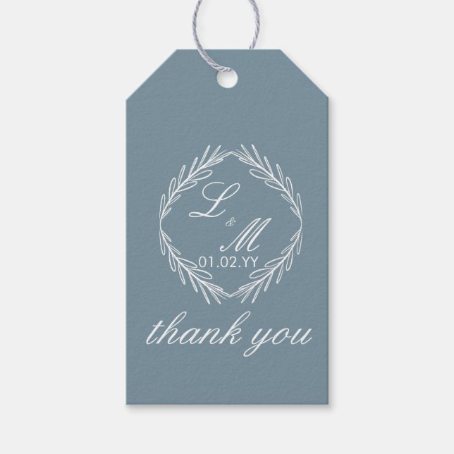 Monogram Script Branch Dusty Blue Wedding Geschenkanhänger (Vorderseite)