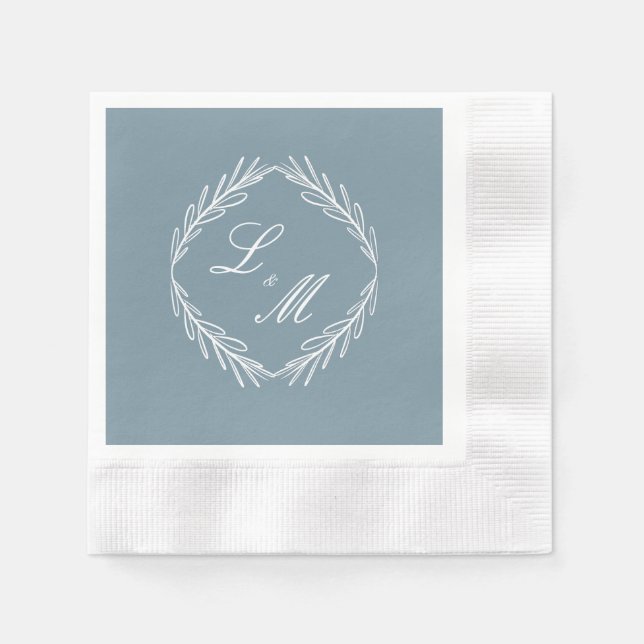 Monogram Script Branch Dusty Blue Wedding Serviette (Vorderseite)