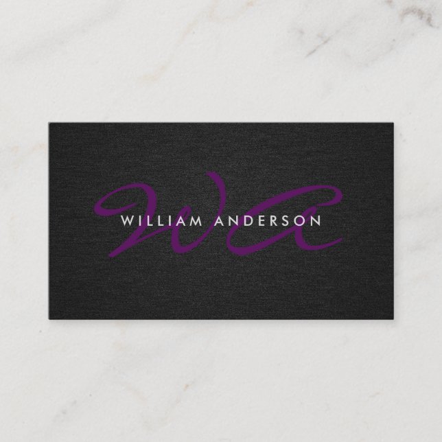 Monogram Script Corporate Minimal Black Linen Visitenkarte (Vorderseite)
