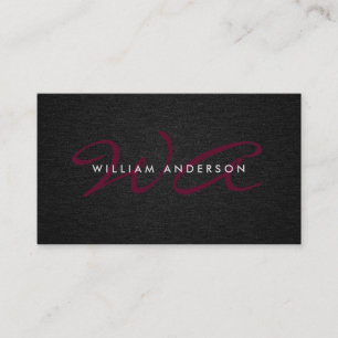 Monogram Script Corporate Minimal Black Linen Visitenkarte