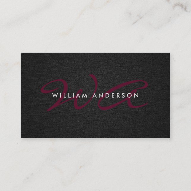 Monogram Script Corporate Minimal Black Linen Visitenkarte (Vorderseite)