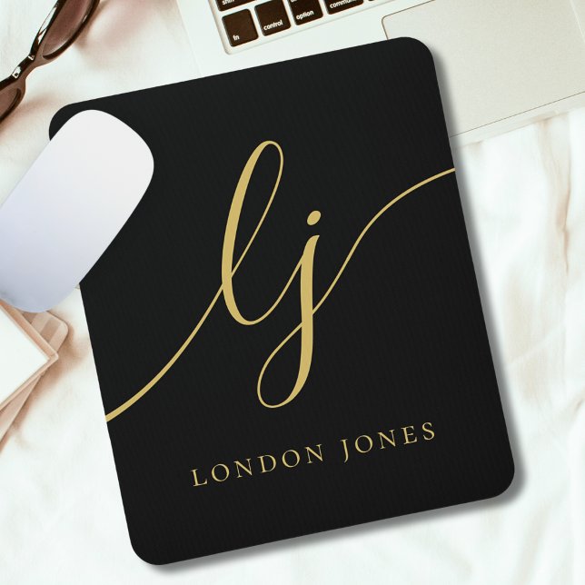 Monogram Script Eleganine Feminine Black Gold Cust Mousepad (Von Creator hochgeladen)