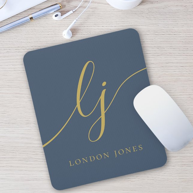 Monogram Script Eleganine Feminine Navy Blue Gold Mousepad (Von Creator hochgeladen)