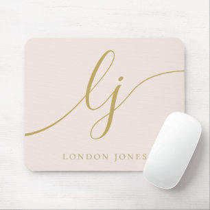 Monogram Script Elegant Girly Blush Pink Gold Mousepad