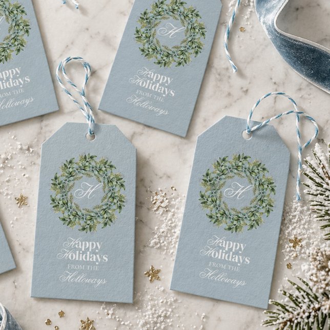 Monogram Script-Foto für die Aquarellfarben-Weihna Geschenkanhänger (Watercolor Monogram Script Photo Flat Holiday Card Gift Tags)