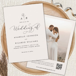 Monogram Script Foto QR Code Hochzeit der Elfenbei Einladung