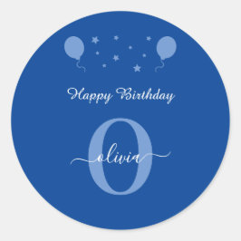 Monogram Script Happy Birthday Blue und White Runder Aufkleber