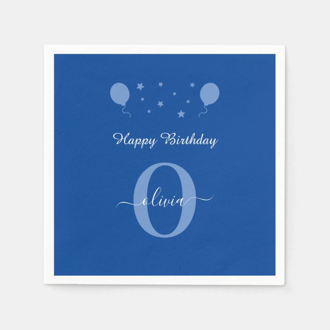 Monogram Script Happy Birthday Blue und White Serviette (Vorderseite)