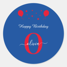 Monogram Script Happy Birthday Blue White Red Runder Aufkleber