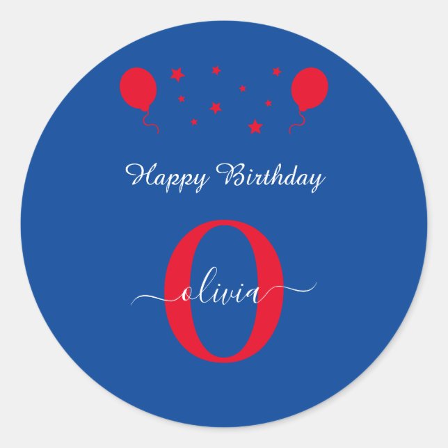 Monogram Script Happy Birthday Blue White Red Runder Aufkleber (Vorderseite)