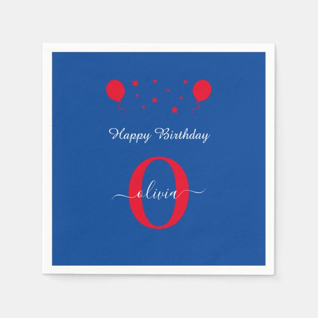 Monogram Script Happy Birthday Blue White Red Serviette (Vorderseite)