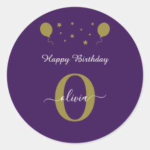 Monogram Script Happy Birthday Lila White Gold Runder Aufkleber