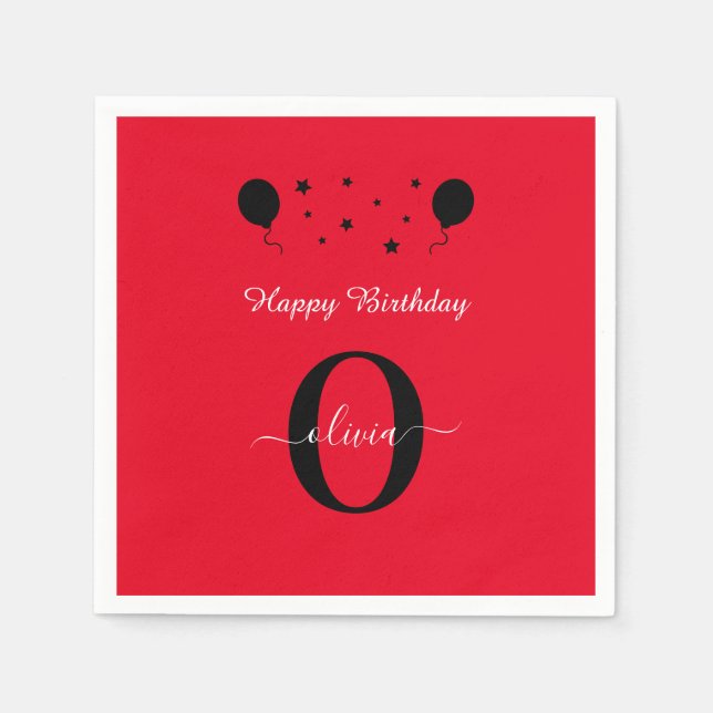 Monogram Script Happy Birthday Red Schwarz-weiß Serviette (Vorderseite)