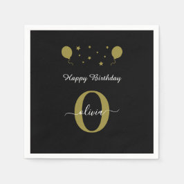 Monogram Script Happy Birthday Schwarz-weiß Gold Serviette