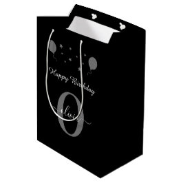 Monogram Script Happy Birthday Schwarz-weiß Gray Mittlere Geschenktüte