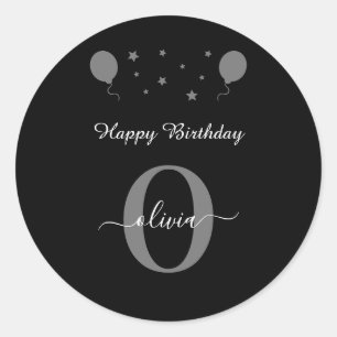 Monogram Script Happy Birthday Schwarz-weiß Gray Runder Aufkleber
